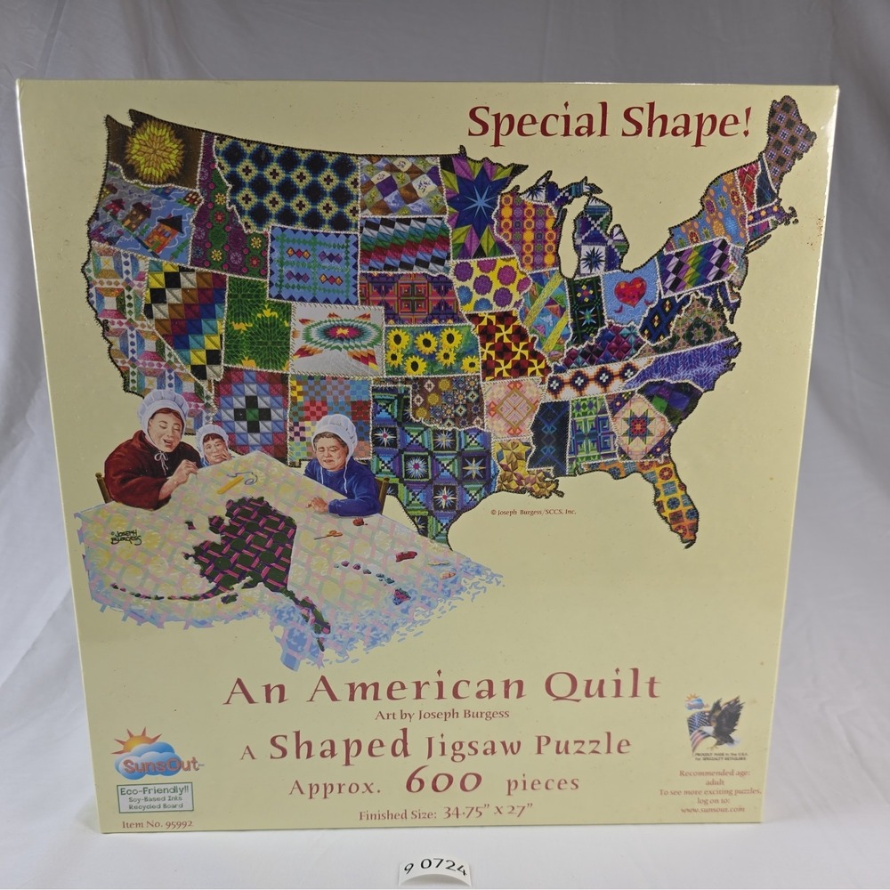 New An American Quilt Jigsaw Puzzle USA Map Shaped Sunsout 600 Pieces Made USA